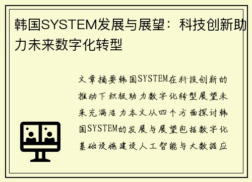 韩国SYSTEM发展与展望：科技创新助力未来数字化转型